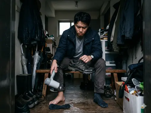 ▲每逢梅雨季節或豪雨特報強襲，通勤族常面臨鞋子濕掉怎麼辦的崩潰窘境。專家示警，此時若盲目使用吹風機熱風狂吹，容易造成嚴重的吹風機傷鞋危機，甚至鎖住污垢細菌引發悶臭。（示意圖／Gemini 製圖／NOWNEWS 監製）