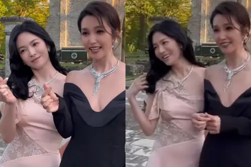 ▲李冰冰（右）跟攝影記者表示，宋慧喬中文說得很好，宋慧喬（左）聽了露出害羞的笑容。（圖／翻攝自娛樂偵察社微博）