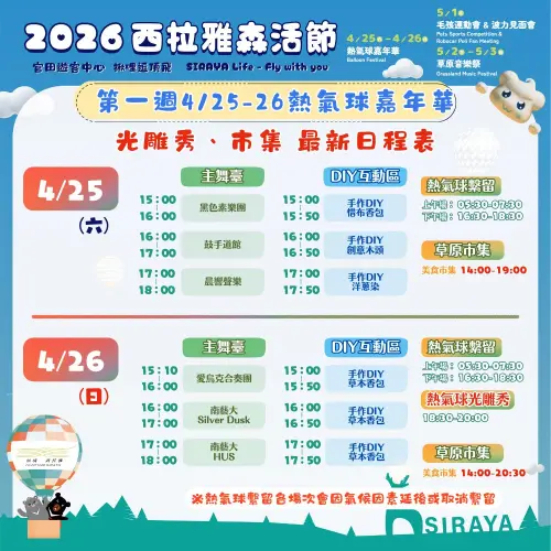 ▲「2026西拉雅森活節」將於今（25）日登場，兩週活動包含「熱氣球嘉年華」等，其中4月25、26日兩日活動一覽。（圖／台南市政府提供 www.tainan.gov.tw）