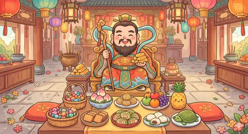 ▲武財神祭拜方式包含準備壽桃、麵線、水果等供品，並以紅包袋寫下心願後焚化，也可投入硬幣象徵布施開運。（圖／Gemini製圖、記者賴禹妡製）