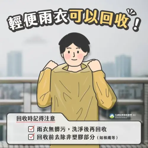 ▲輕便雨衣屬於可回收物，但要記得洗淨表面的髒汙與泥沙，以及移除伸縮繩、束口繩等異材質，保持塑膠材質的單純。（圖／環境部）