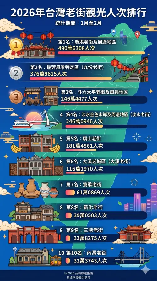 ▲台灣各縣市老街商圈人潮出現洗牌效應，除了冠軍鹿港老街之外，後續名次都出現動盪，大溪老街、旗山老街名次都比去年稍微往後。（圖／Gemini）