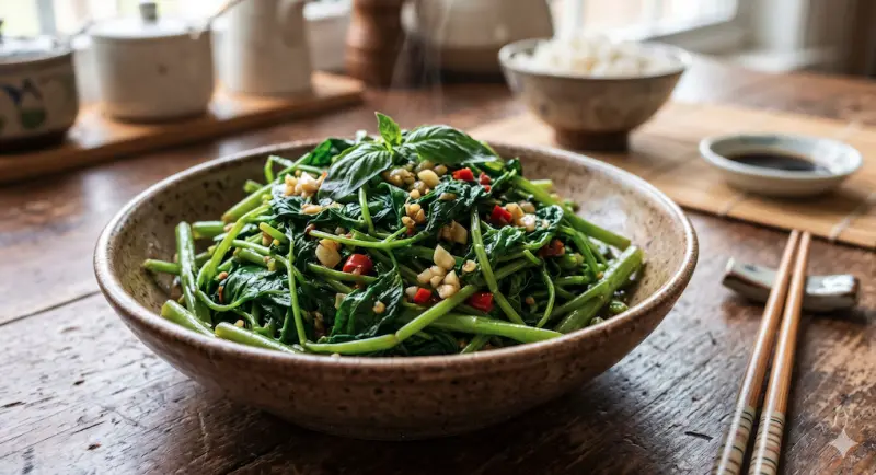 ▲「九層塔炒地瓜葉」能大幅提升料理香氣與層次，讓原本平淡的地瓜葉變得更有風味，短時間吸引240萬次點閱，引發關注。（圖／Gemini製圖、記者賴禹妡製）