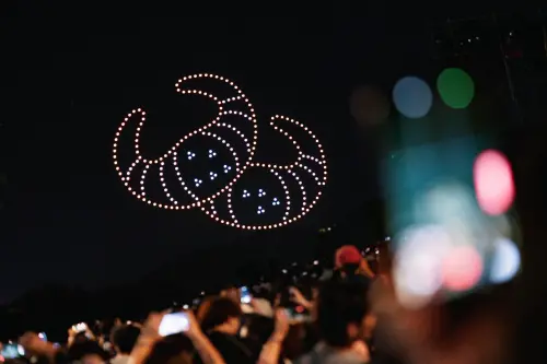 ▲無人機編隊於夜空中展演多變圖像，呈現科技與藝術交織的視覺效果。（圖／新北文化局提供）