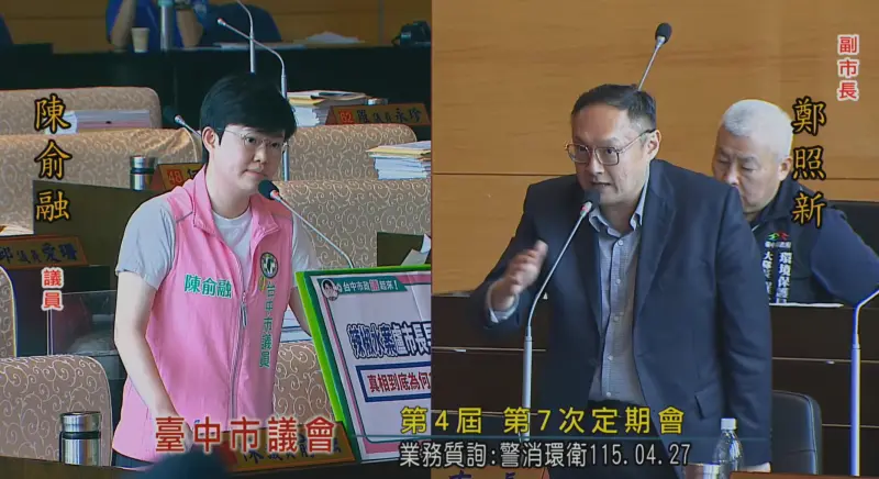    ▲台中市議員陳俞融質疑，盧秀燕明明已知道真相，卻為藍白合將分局長推上政治祭壇。（圖／翻攝台中市議會YT，2026.04.27）  
