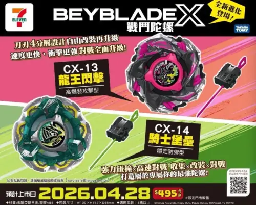▲7-11推出的《戰鬥陀螺 X》系列商品一共有兩款，分別是CX-13「龍王閃擊」以及CX-14「騎士堡壘」。（圖/7-11提供）