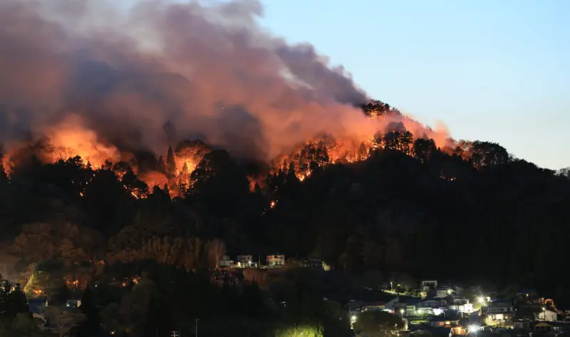 ▲日本岩手縣大槌爆發山林火災，截至28日火勢已經延燒7 天，消防單位稱火勢已得到控制。（圖／美聯社／達志影像）
