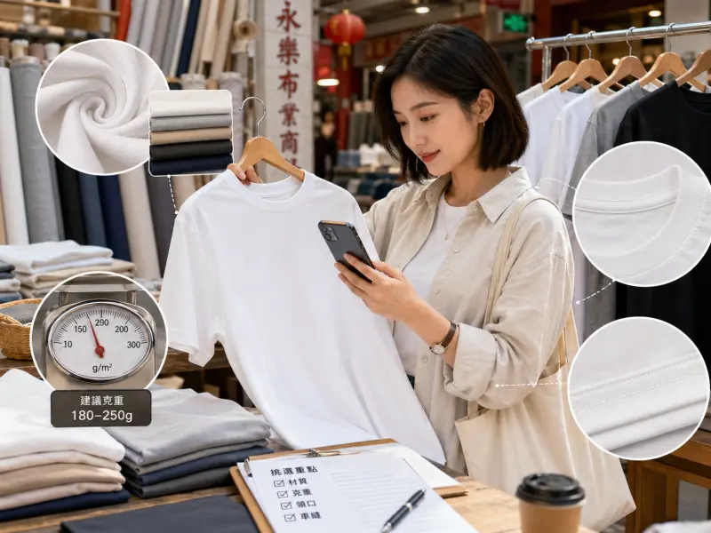 ▲如何挑選有質感素Ｔ，永樂市場布商二代親自揭秘四大關鍵，下單前先留意「材質、克重、領口車線、版型」就能買到高質感T恤。（圖／ChatGPT生成，周淑萍監製）