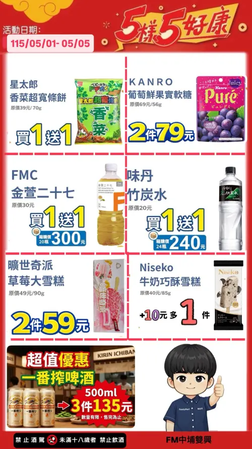 ▲全家五日五好康，勞動節餅乾、飲料買一送一。（圖／取自全家）