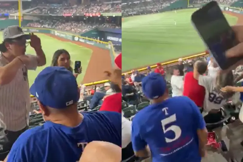 ▲一名洋基球迷疑似因為不斷對主場球迷做出挑釁動作並大喊「去刷牙（Brush your teeth）」，最終引爆遊騎兵球迷怒火，慘遭一記重拳直接制裁。（圖／翻攝自Baseball Bros X）