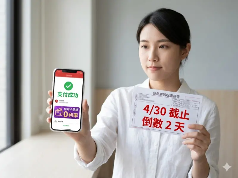 ▲牌照稅截止進入最後 48 小時！若遺失稅單可至超商即時補印，並善用信用卡或行動支付領取分期 0 利率與回饋，避免逾期遭罰。逾期未繳最高可處應納稅額 1 倍罰鍰。（示意圖／Gemini 生成／NOWNEWS 監製）