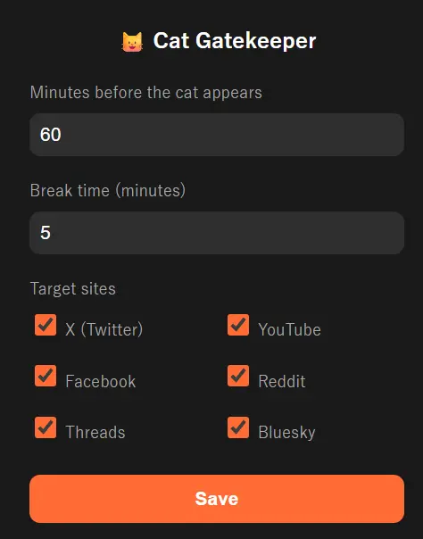 ▲Cat Gatekeeper可以自行設定橘貓出現的時間以及休息時間。（圖／Cat Gatekeeper）