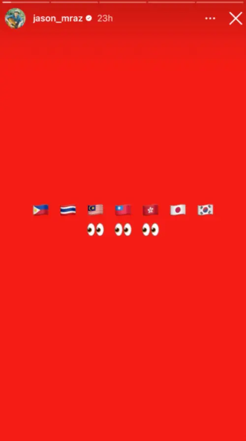 ▲▼傑森瑪耶茲在IG貼文和限動放上菲律賓、泰國、新加坡、台灣、中國、日本、韓國的國旗圖案。（圖／Jason Mraz IG@jason_mraz）