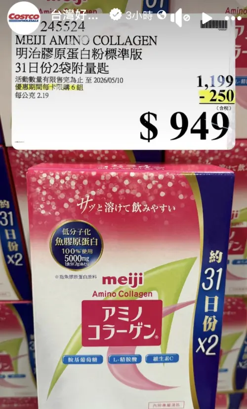 ▲每年特價必引發囤貨潮的「明治膠原蛋白粉」，本周驚喜現身好市多隱藏優惠清單。原價 1,199 元、特價後僅需 949 元，現省 250 元的超大折扣讓不少愛美女性直呼「快搬」，每卡限購 6 組，非常適合提前準備母親節賀禮。（圖／翻攝自好市多官方臉書）