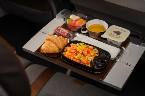 ▲「鈺善閣」也提供豪華經濟艙與經濟艙旅客全新菜色「薑醬彩蔬拌拉麵」，帶給旅客層次豐富的味覺享受。。（圖／星宇航空提供）