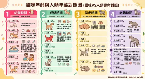 ▲貓咪的年齡對照人類，18歲貓咪已經是88歲的阿公阿嬤了。（圖／Gemini生成）