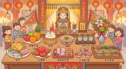 ▲拜媽祖必備10樣供品，讓你為媽祖賀壽，祈求好運來。（圖／Gemini AI生成／NOWNEWS監製）