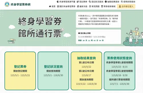 ▲教育部「終身學習券」與「館所通行票」於5月1日起至5月21日，開放民眾至終生學習票券網登記申請。（圖／終生學習票券網）