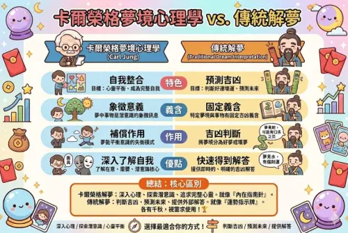 ▲卡爾榮格夢境心理學解夢以及傳統解夢的差別一圖看，卡爾榮格解夢更傾向在心靈平衡，而不是判斷這個夢代表的凶吉。（圖/Gemini AI/記者張嘉哲監製）