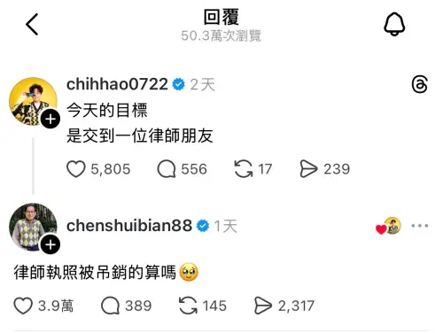 ▲許志豪（上）想求認識律師朋友，結果釣出前總統陳水扁留言：「被吊銷執照的算嗎？」（圖／Threads）