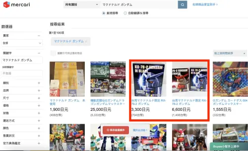 ▲麥當勞鋼彈公仔在日本Mercari炒價飆出日幣6600円。（圖／翻攝自Mercari官網）