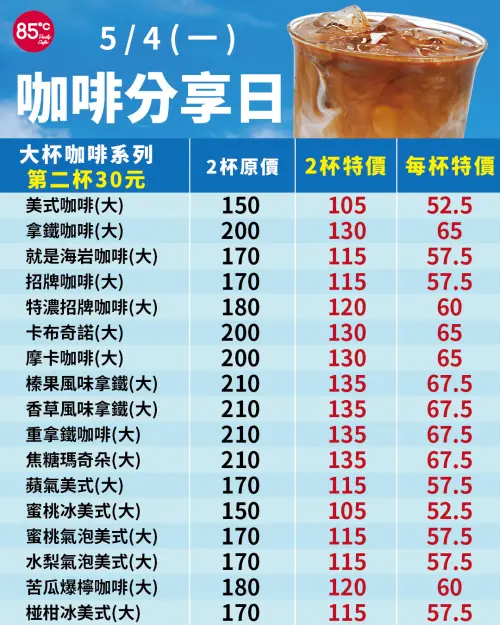 ▲85度C今5月4日咖啡分享日「第2杯30元」，咖啡優惠價格圖看懂。（圖／85度C提供）