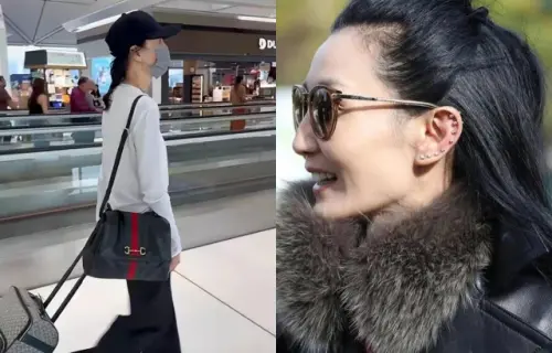 ▲張曼玉近日被捕捉獨自現身機場，準備前往北京（如左圖）。其中她左耳的8個耳洞（如右圖）引發熱議。（圖／微博@兔妹法則、微博@芒果撈追星）