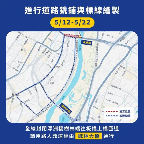▲5月12日（日）至5月22日（五），進行道路銑鋪與標線繪製，期間全線封閉浮洲橋樹林端往板橋上橋匝道，請用路人改由城林橋通行。 （圖／新北市工務局）