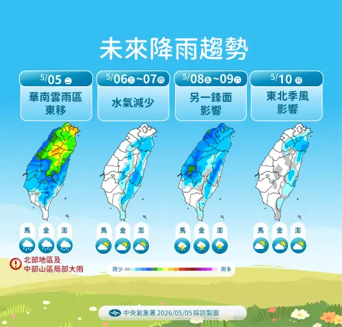▲今天上午起鋒面開始遠離，全台水氣變少放晴回溫，下一波梅雨鋒面影響週五抵達。（圖/中央氣象署提供）