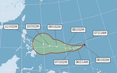 ▲關島附近的「熱帶性低氣壓 TD05」，今天升格為颱風「哈格比」，路徑往西為主。（圖／中央氣象署）