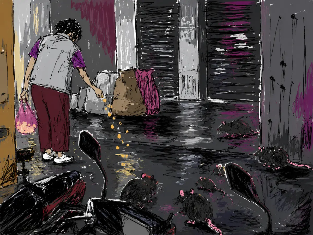 ▲近期台北鼠患延燒，沒想到竟有婦人在路邊撒麵包丁餵老鼠，糟店家制止，對方竟反嗆「只有我在幫助生命」，讓店家氣到崩潰。（圖／ChatGPT生成）