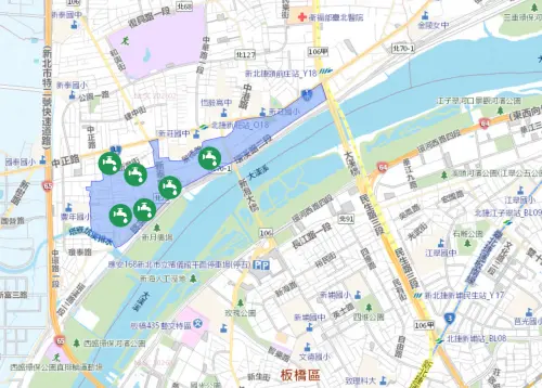 ▲新北市新莊區5/13停水範圍一次看，綠色標誌為臨時供水站位置。（圖／台灣自來水公司）