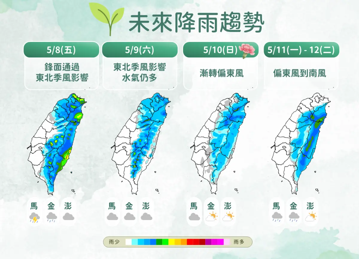 ▲周五、周六鋒面通過、東北季風增強，全台降雨機率提升，周日母親節雨區縮小，但東半部仍持續有雨至下周。（圖／中央氣象署）