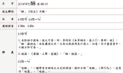 ▲根據教育部《異體字字典》，「醂」同時存在「ㄌㄢˇ」與「ㄌㄧㄣˊ」兩種讀法，但因日文發音影響，加上字形關係，「ㄌㄧㄣˊ」已成台灣最普遍的唸法。（圖／翻攝自教育部《異體字字典》）
