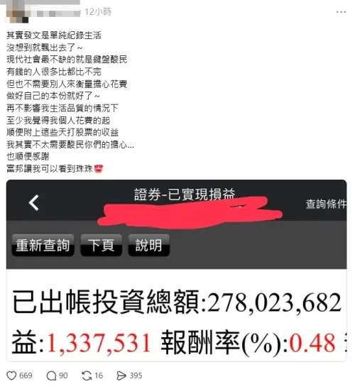 ▲李珠珢乾爹已出帳的投資總額高達2.7億台幣，可見其財力雄厚。（圖／翻攝自Threads）