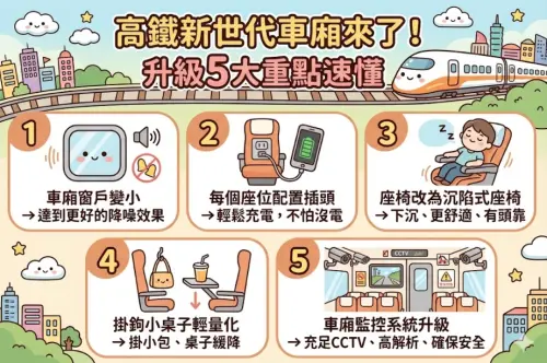 ▲台灣高鐵新世代列車「N700ST」終於要來了！車廂升級5大重點一圖看懂。（圖/Gemini AI/記者張嘉哲監製）