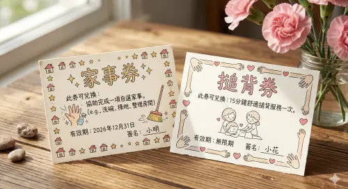 ▲小時候送這種兌換券給媽媽還算可愛，成年後還當母親節禮物送就有點可惡了。（圖／Gemini製圖、記者賴禹妡製）