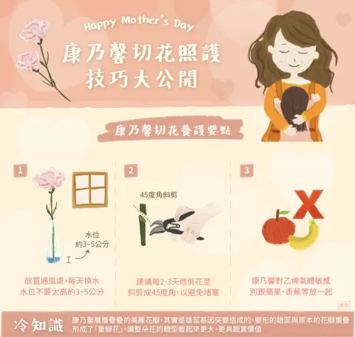 ▲農糧署提醒，康乃馨要避免和香蕉、蘋果放在一起。（圖／翻攝農糧署臉書）