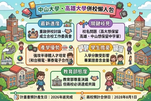 ▲中山大學、高雄大學併校懶人包一圖看懂。（圖/Gemini AI/記者張嘉哲監製）