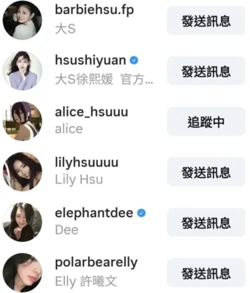 ▲玥兒的IG追蹤了大S、小S等人。（圖／翻攝自IG）