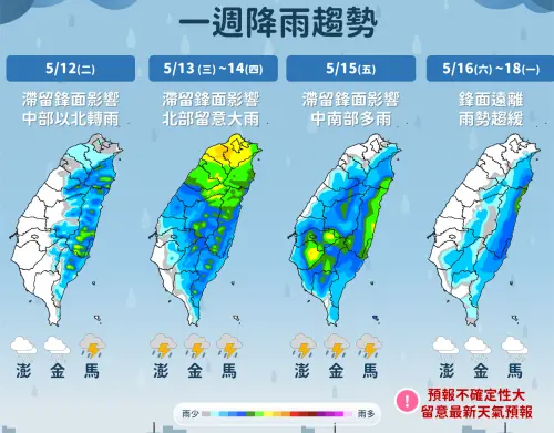 ▲周二滯留鋒面接近，一直到周五，全台各地都有降雨機率，北台灣要注意大雨。（圖／中央氣象署）
