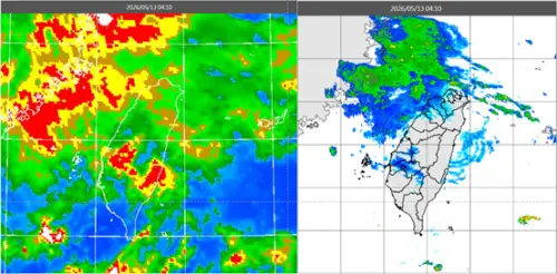 ▲今、明（13、14日)）兩天梅雨季第3波鋒面逐漸南下，北部、東半部及中部先後轉有局部陣雨或雷雨，氣溫漸降，北臺稍轉涼。（圖／氣象應用推廣基金會．洩天機教室）