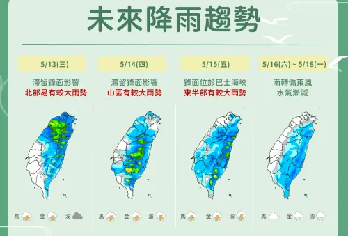 ▲梅雨季第3波鋒面逐漸接近台灣，今（13）日午後水氣增多，中部以北降雨明顯，明後天降雨範圍擴大。（圖／中央氣象署）