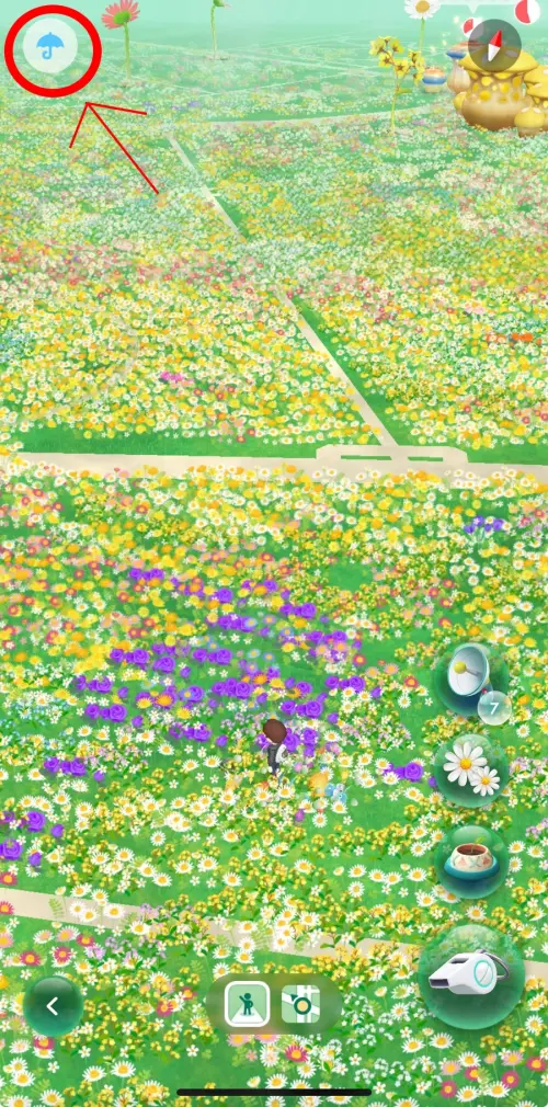 ▲《Pikmin Bloom》內的世界是獨立的，有顯示「撐傘的下雨天」圖案，才有機會出現雨天皮克敏。（圖／《Pikmin Bloom》）