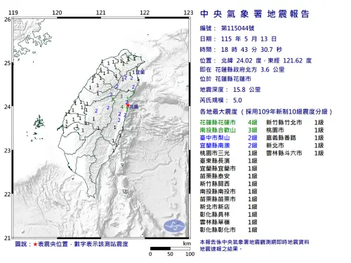 地震速報／18:43花蓮市規模5「極淺層地震」！全台12縣市有感