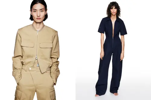 ▲Gap X Victoria Beckham「卡其色短版飛行員外套」4299元、「卡其色寬鬆工裝長褲」3499元、「海軍藍機能工裝連身褲」3999元。（圖／Gap提供）