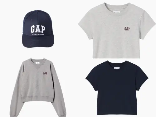 ▲Gap X Victoria Beckham「撞色Logo棒球帽、聯名Logo／海軍藍短版Logo短袖上衣」皆為990元、「灰色重磅Logo圓領長袖上衣」2299元。（圖／Gap提供）