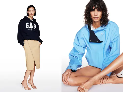 ▲Gap X Victoria Beckham「海軍藍聯名Logo連帽上衣」3499元、「卡其色工裝短裙」2999元、「藍色短版套頭夾克」3499元。（圖／Gap提供）