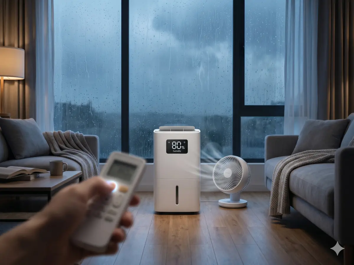 ▲下雨天濕度飆升，除濕機別再貼牆！專家建議放在房間中心點並搭配循環扇。同時冷氣「除濕模式」若按錯鈕，恐讓年度電費多噴 2 萬元，掌握正確擺位與設定才能真正省錢乾爽。（示意圖／Gemini 製圖／NOWNEWS 監製）