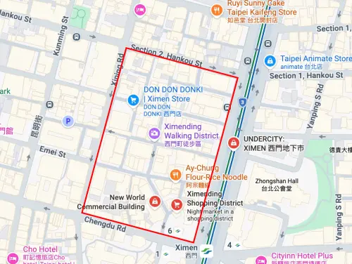 Smoke-free zone boundaries in Taipei's Ximending shopping district. (Google Maps)